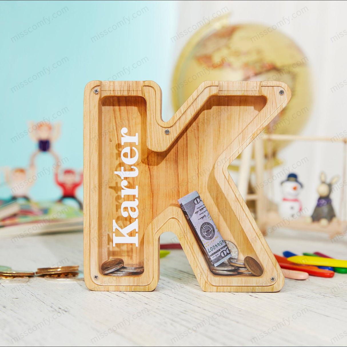 Wooden Piggy Bank with Customize Name Stickers