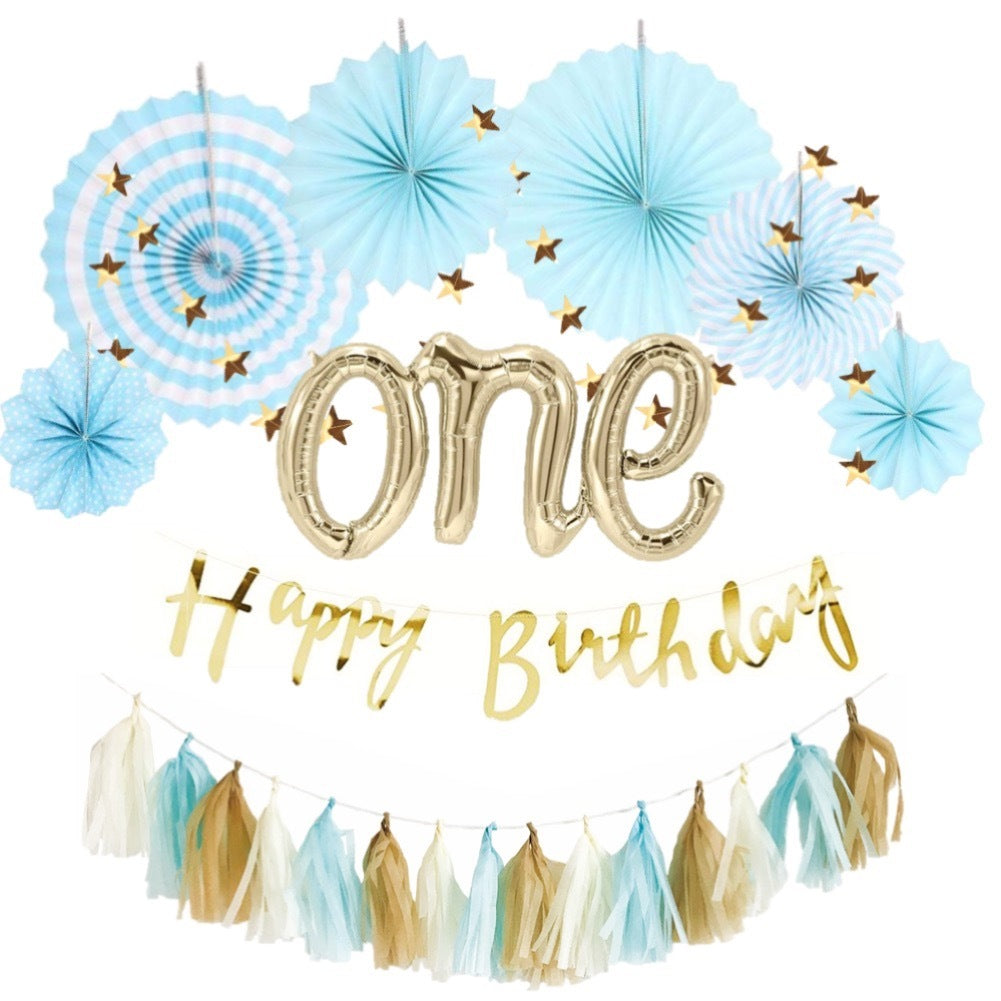 Blue Party Fan One Year Old Birthday Set