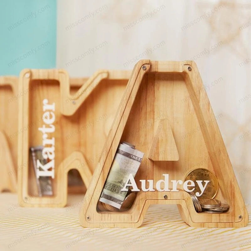 Wooden Piggy Bank with Customize Name Stickers