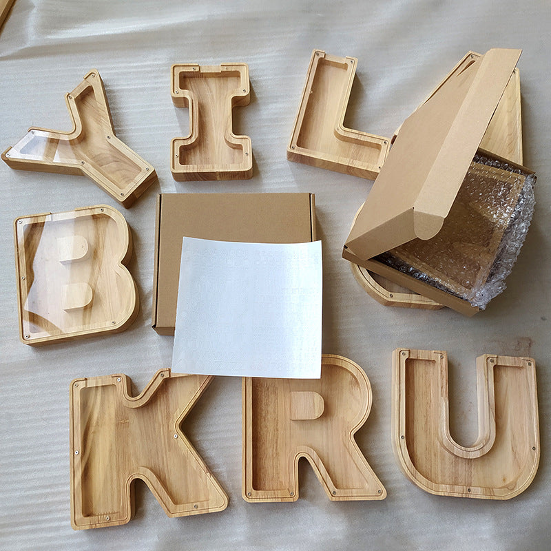 Wooden Piggy Bank with Customize Name Stickers