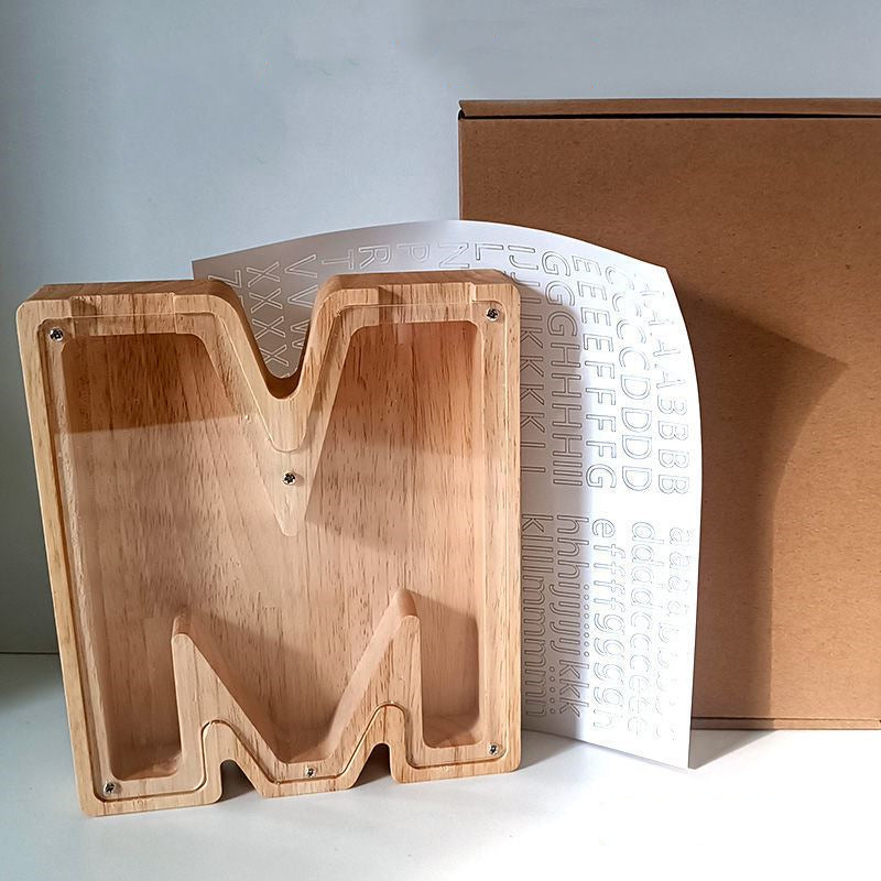 Wooden Piggy Bank with Customize Name Stickers