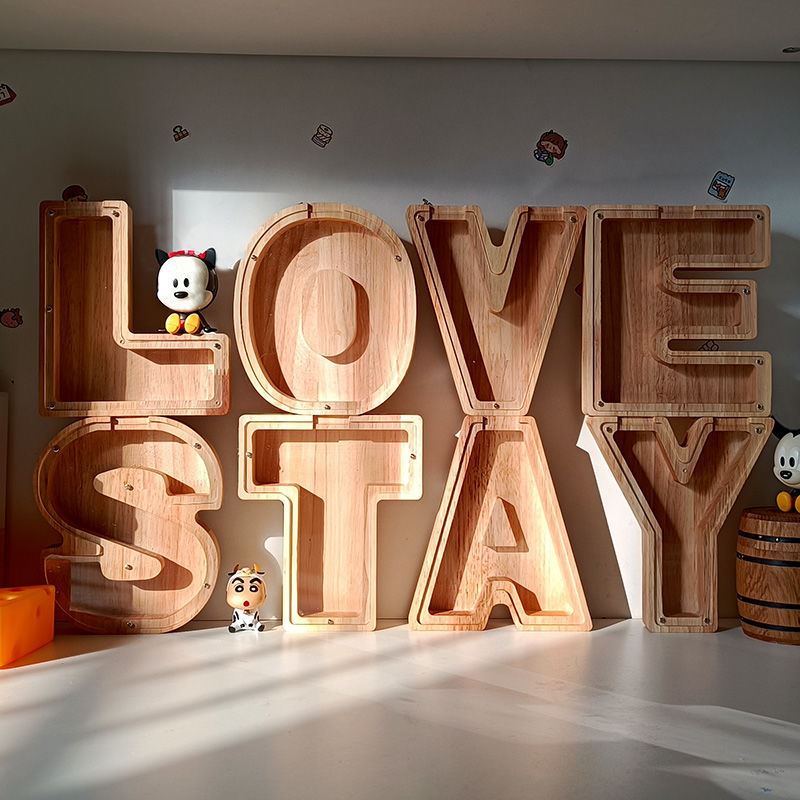 Wooden Piggy Bank with Customize Name Stickers