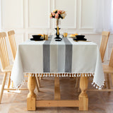 Modern Tassel Table Cloth - White Striped Grey