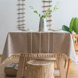 Modern Tassel Table Cloth - White Striped Brown