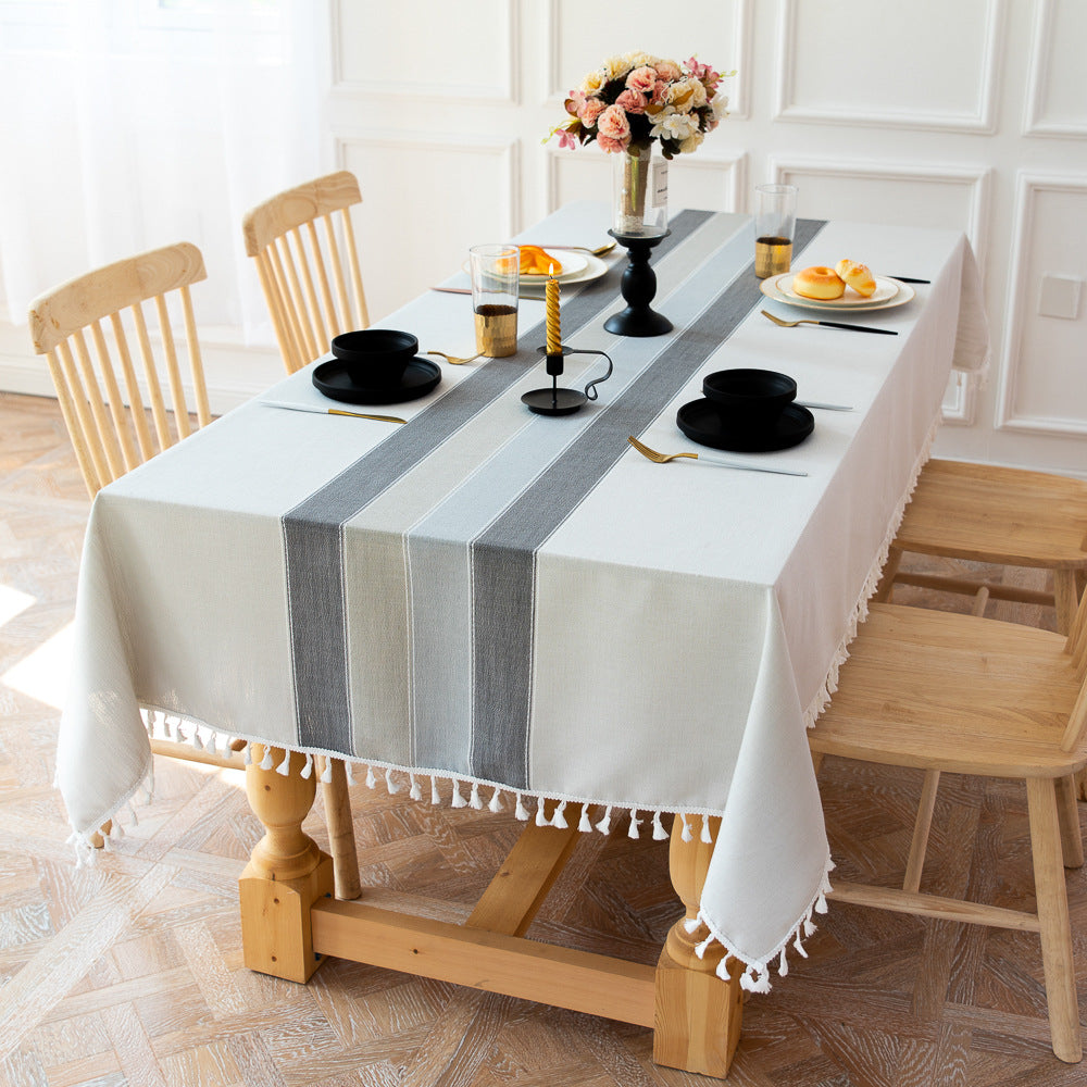 Modern Tassel Table Cloth - White Striped Grey