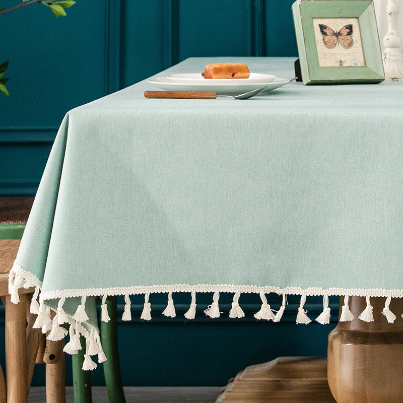 Japanese Style Tassel Cotton Linen Tablecloth - Lake Blue