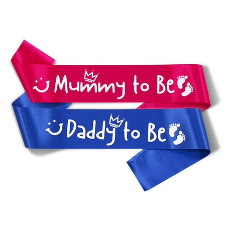 Rose Red "Mummy to Be" + Blue "Daddy to Be" Sash Set