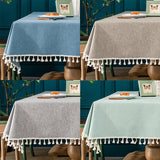 Japanese Style Tassel Cotton Linen Tablecloth - Lake Blue