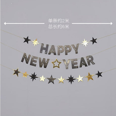 Glossy Black Gold Star Happy New Year Banner for New Year Event Parties Decoration