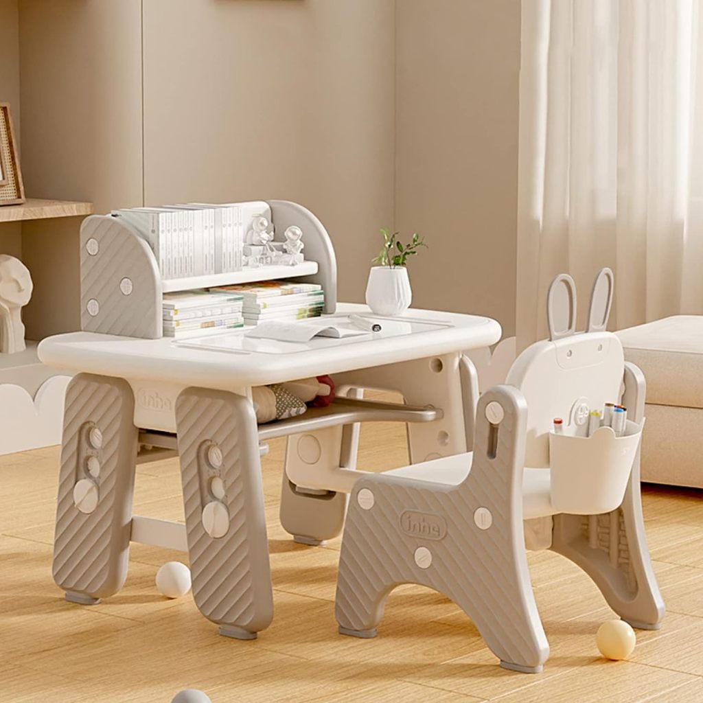 Adjustable Height Writing Desk with Storage and Ergonomic Chair for Kids