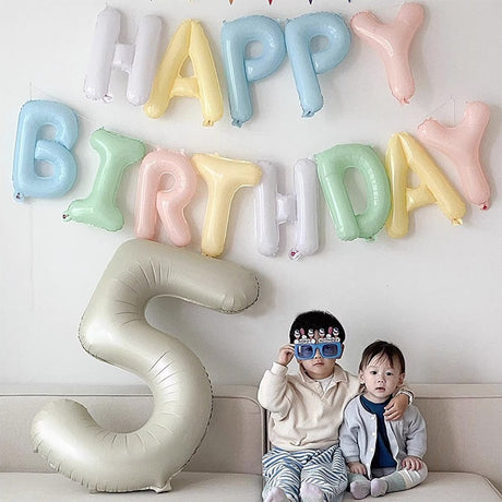 PASTEL Happy Birthday Foil Balloon Banner / Glitter Script HBD / Macaroon Ribbon Banner for Birthday Decoration