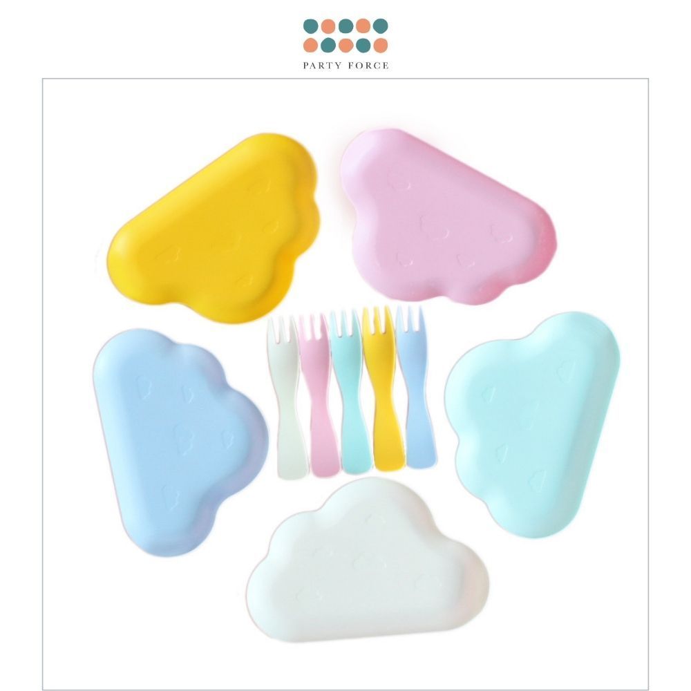 [SG Seller] Pastel Cake Cutting Essentials Set Cute Cloud Disposable Plate Tableware Birthday Candle