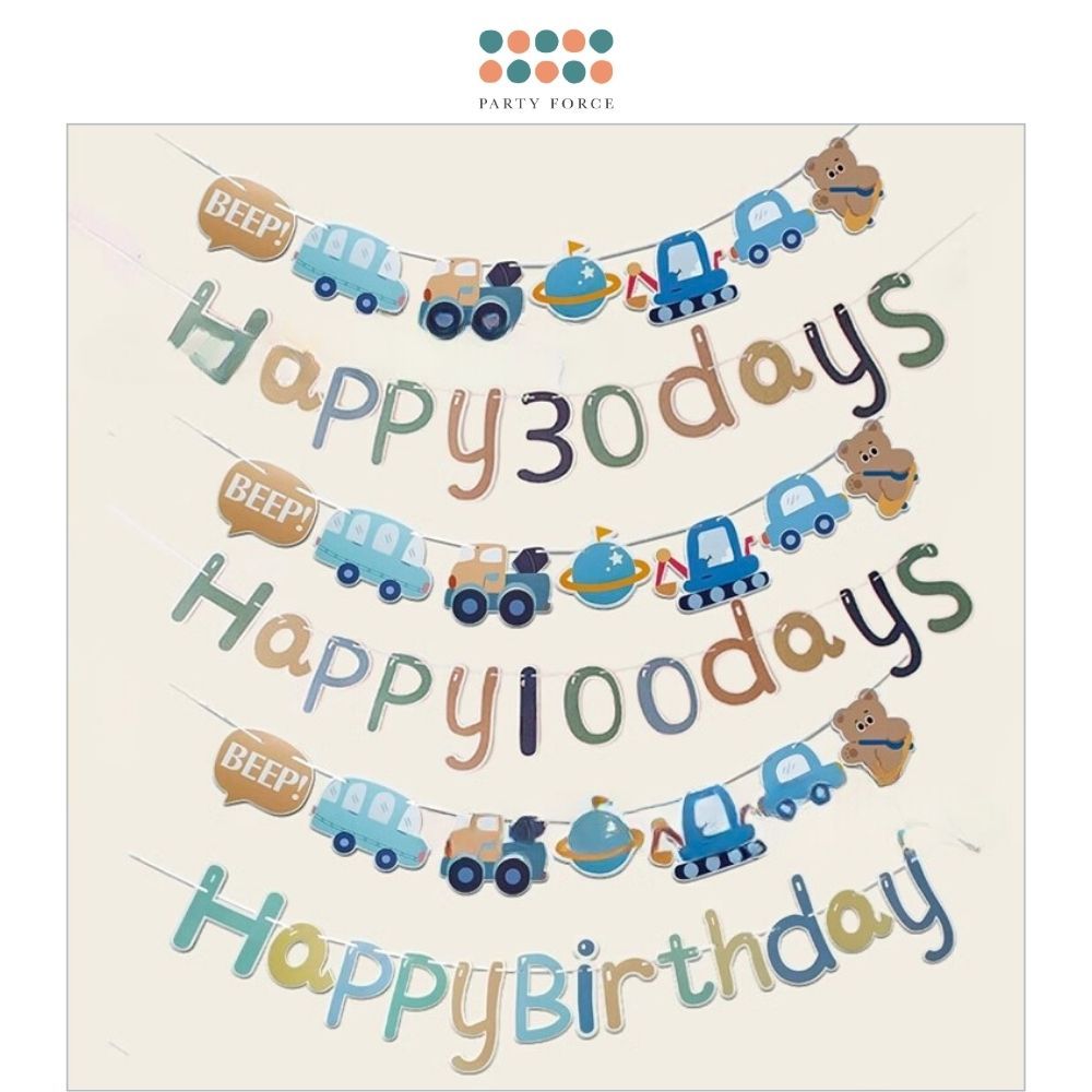 Cute Baby Car Theme 30days 100days Happy Birthday Banner for Party Decoration