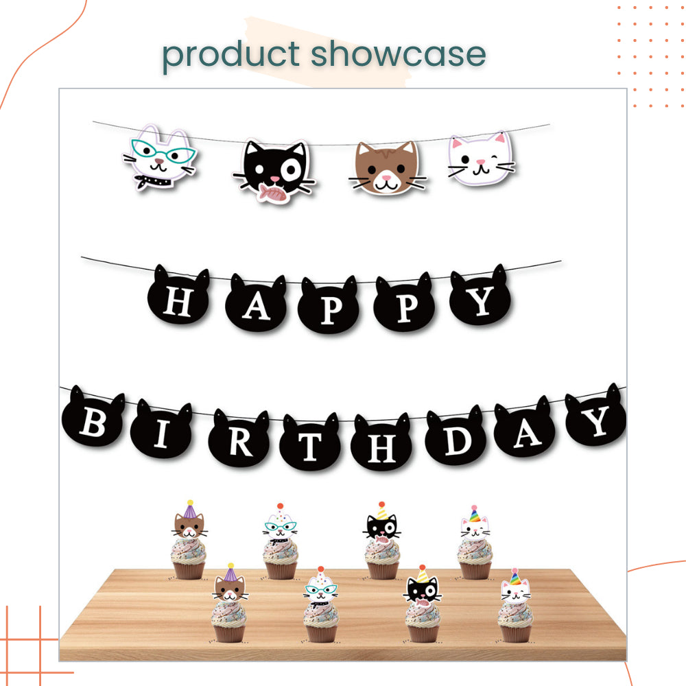 Kitty Happy Birthday Cute Cat Black Design Banner Decoration for Birthday Party