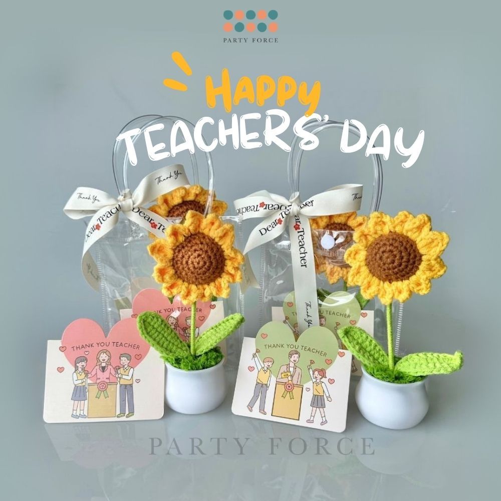 [SG Instock] Teacher's Day Gift Crochet Sunflower White Pot Teachers Day Card Ribbon PVC Bag
