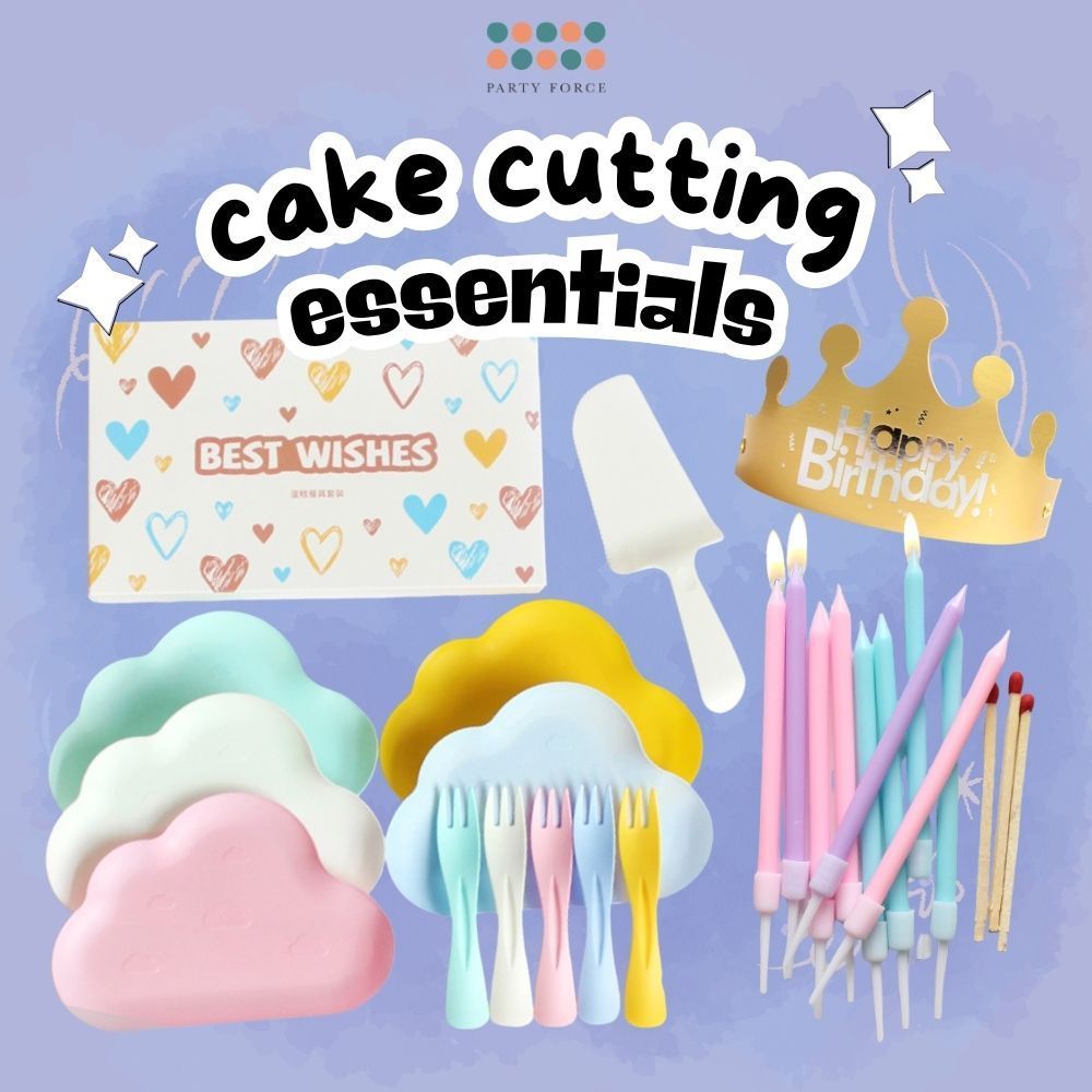[SG Seller] Pastel Cake Cutting Essentials Set Cute Cloud Disposable Plate Tableware Birthday Candle