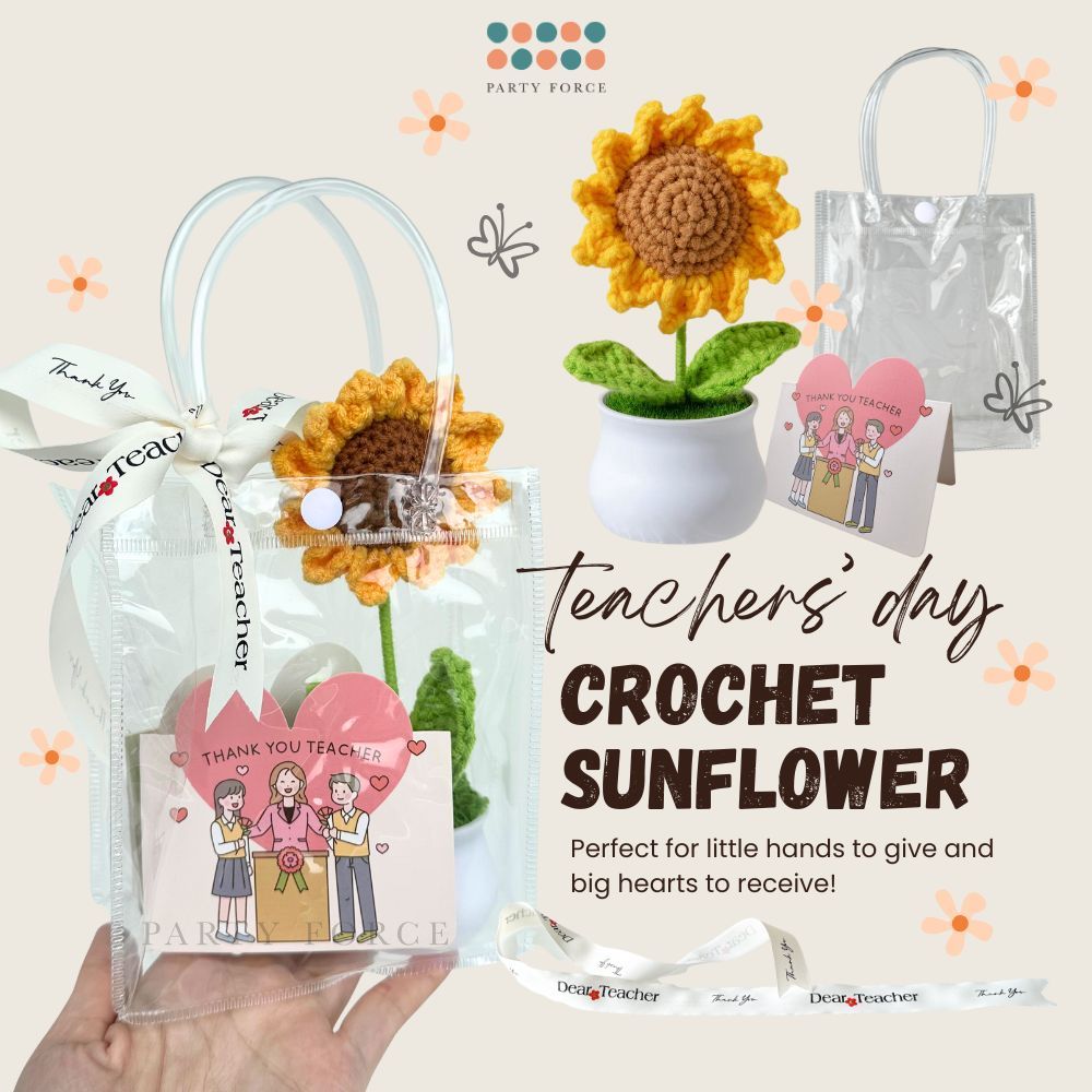 [SG Instock] Teacher's Day Gift Crochet Sunflower White Pot Teachers Day Card Ribbon PVC Bag