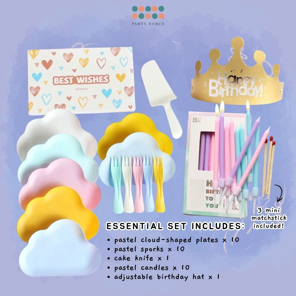 [SG Seller] Pastel Cake Cutting Essentials Set Cute Cloud Disposable Plate Tableware Birthday Candle