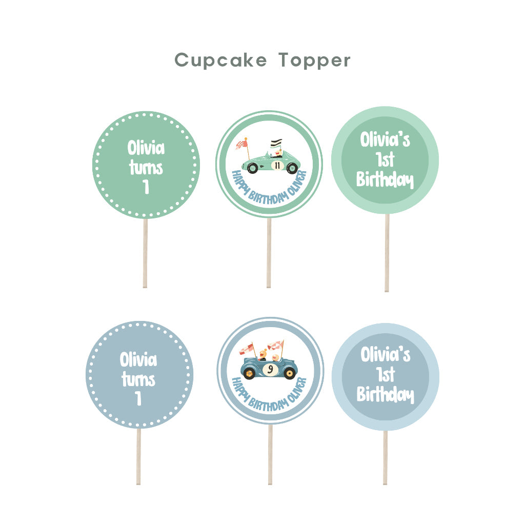Personalised Vintage Racing Party Decoration Personalized Birthday Banner Cake Topper Cupcake Topper Customise