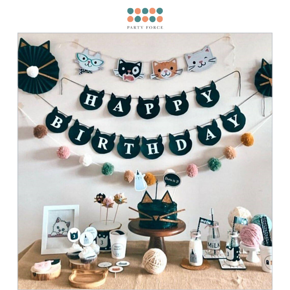 Kitty Happy Birthday Cute Cat Black Design Banner Decoration for Birthday Party