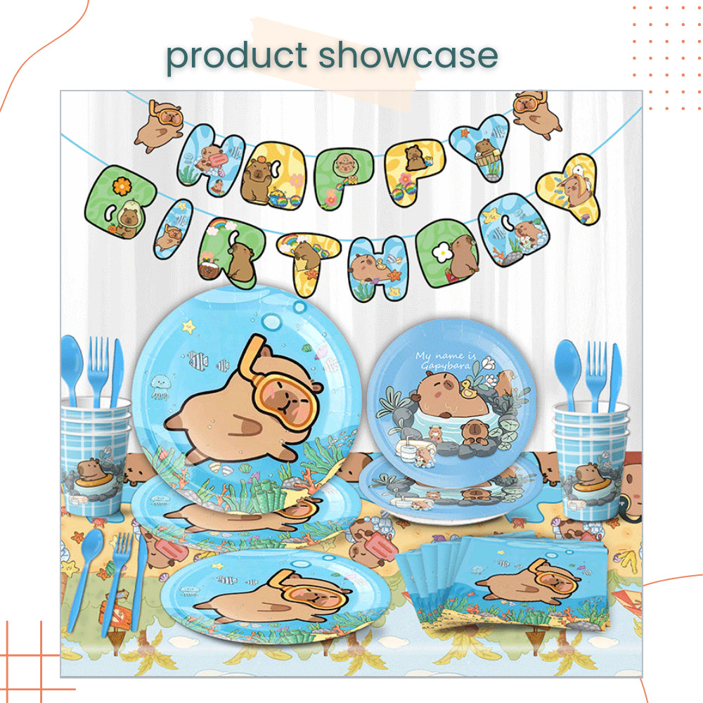 Capybara Theme Disposable Tableware Plates Cups Cutlery for Birthday Party