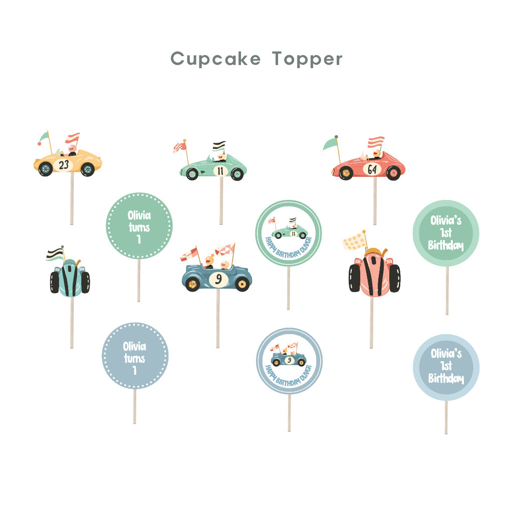Personalised Vintage Racing Party Decoration Personalized Birthday Banner Cake Topper Cupcake Topper Customise