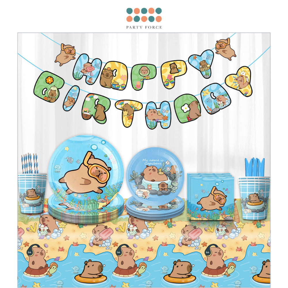 Capybara Theme Disposable Tableware Plates Cups Cutlery for Birthday Party