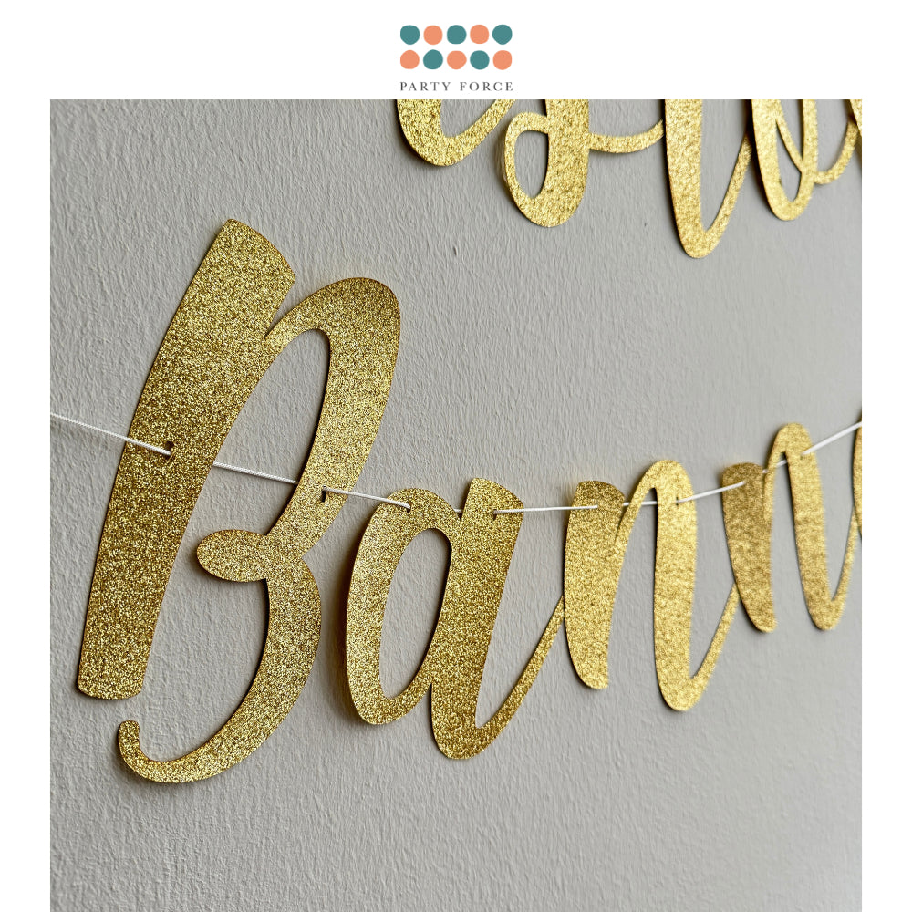 Happy Birthday Banner Custom Cursive Glitter Gold Script Font Banner