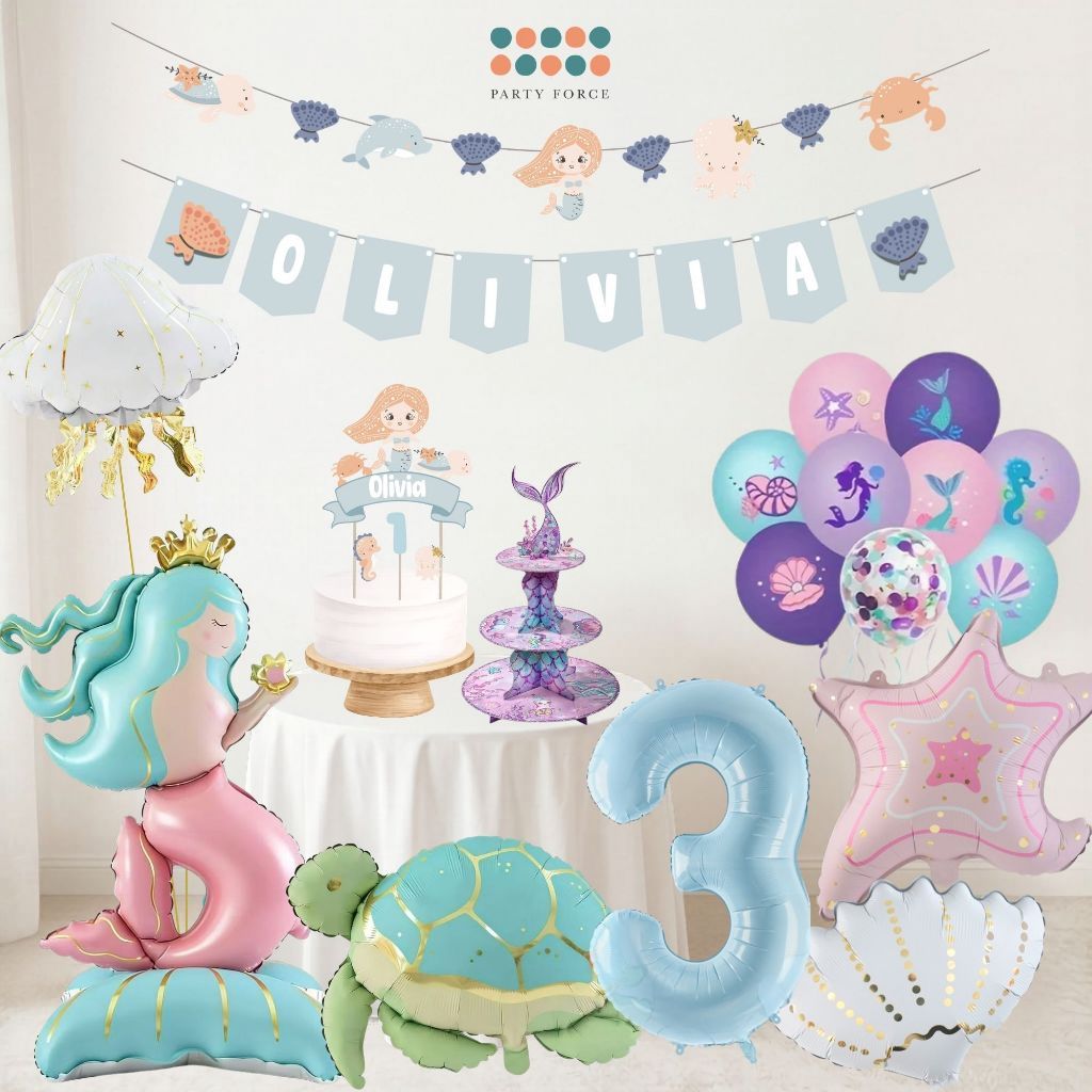 [SG Instock] - Personalised Mermaid Theme Birthday Party Balloon Banner Decoration