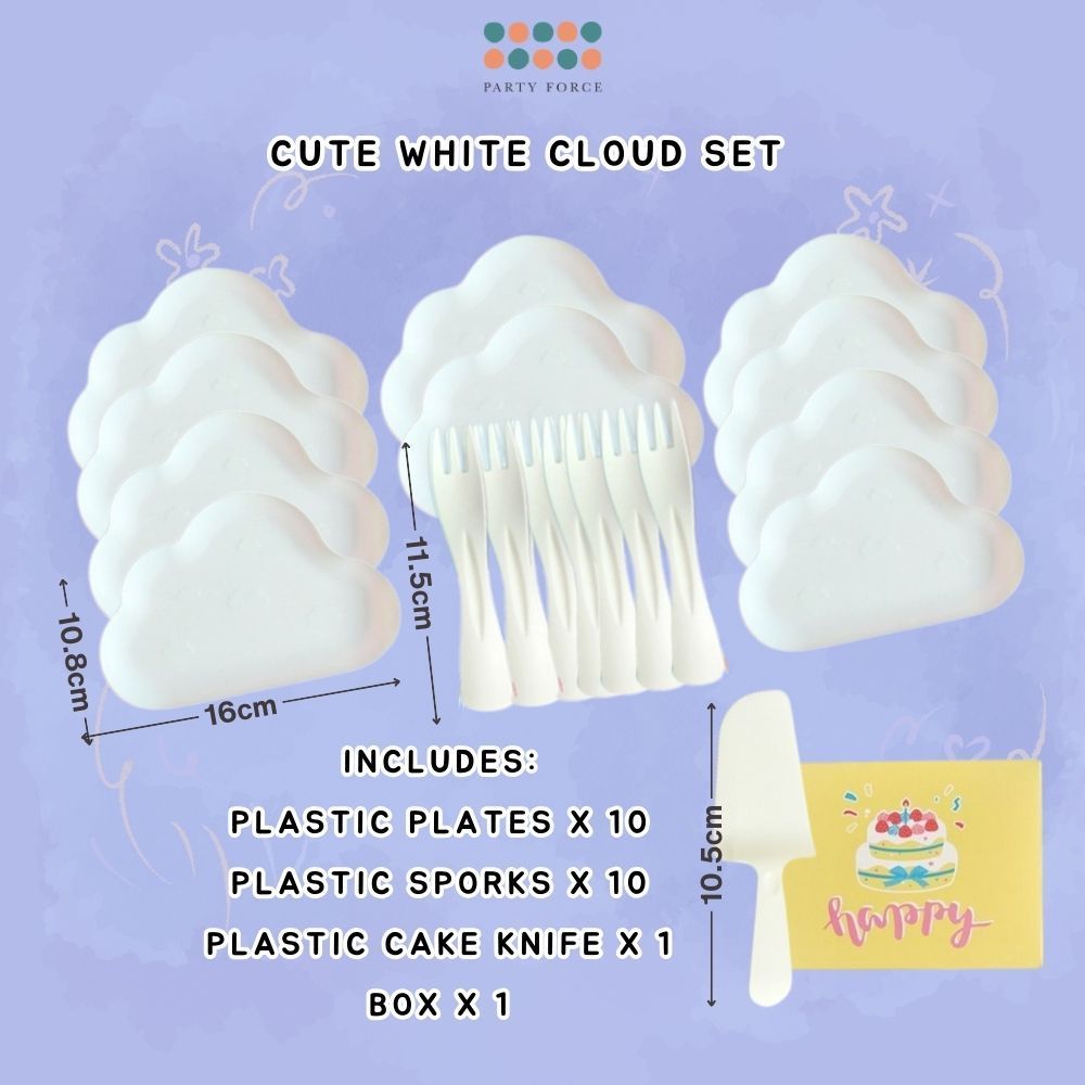[SG Seller] Pastel Cake Cutting Essentials Set Cute Cloud Disposable Plate Tableware Birthday Candle