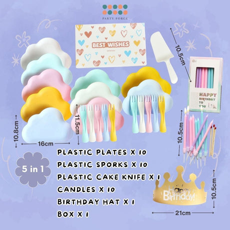 [SG Seller] Pastel Cake Cutting Essentials Set Cute Cloud Disposable Plate Tableware Birthday Candle
