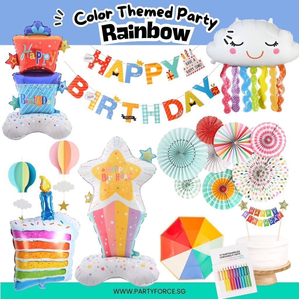Rainbow Colour Theme Birthday Banner Balloon Candle Party Decoration