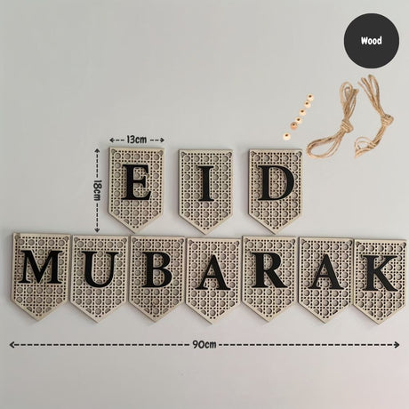Hari Raya Eid Mubarak Banner Ramadan Wooden Cardstock Burlap Raya Hanging Banner Wall Decoration