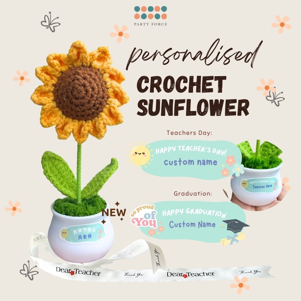 [SG Instock] Teacher's Day Gift Crochet Sunflower White Pot Teachers Day Card Ribbon PVC Bag