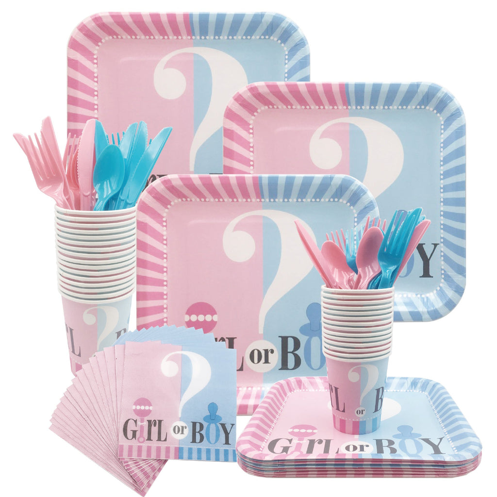 Gender Reveal Disposable paper plates, cups, fork & spoons