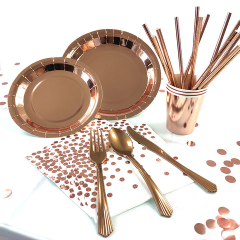 Disposable plates, cups, fork & spoons for parties – Metallic Rose Gold