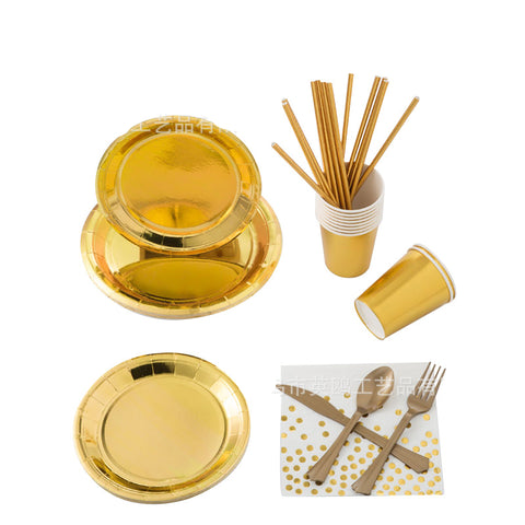 Disposable plates, cups, fork & spoons for parties – Metallic Gold