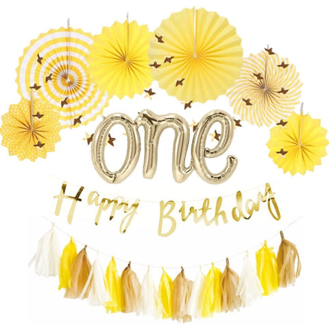 Yellow Party Fan One Year Old Birthday Set