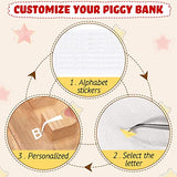 Wooden Piggy Bank with Customize Name Stickers